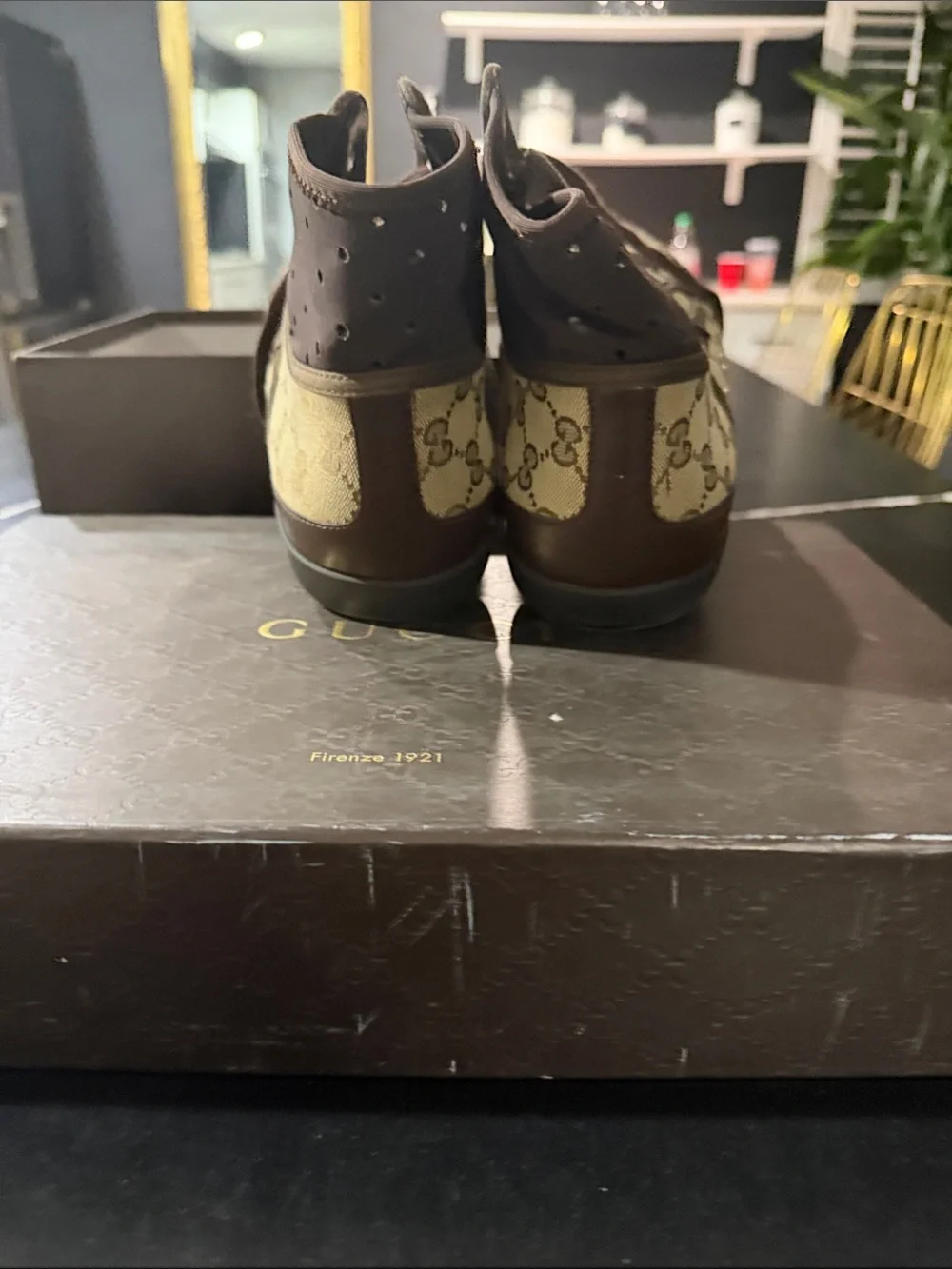 Gucci Brown and Black Monogram Slip-On Shoes